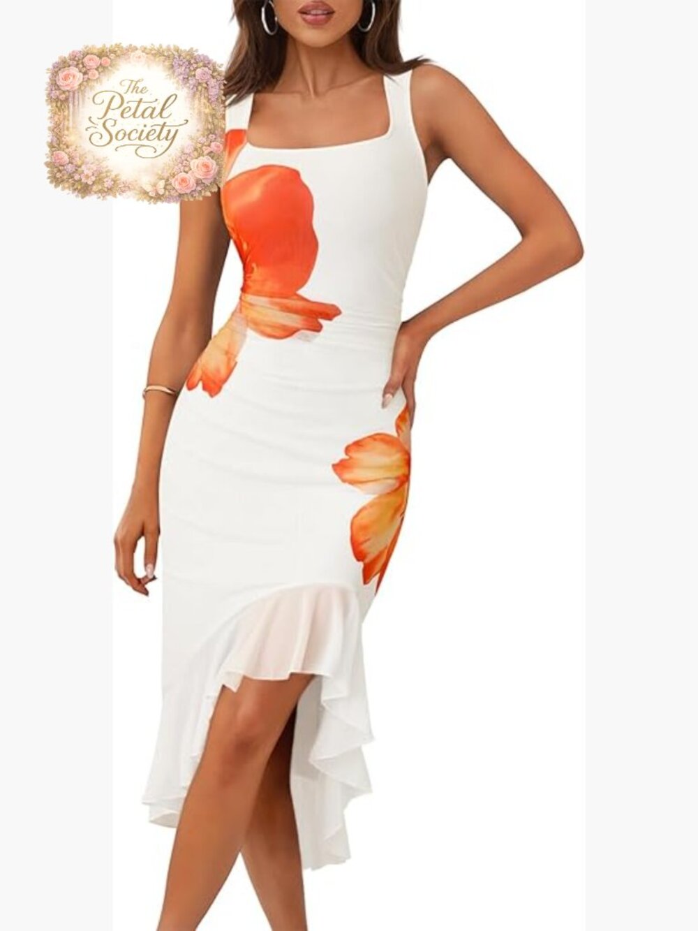 Floral Midi Dress Sleeveless Square Neck Ruffle Cocktail Beach